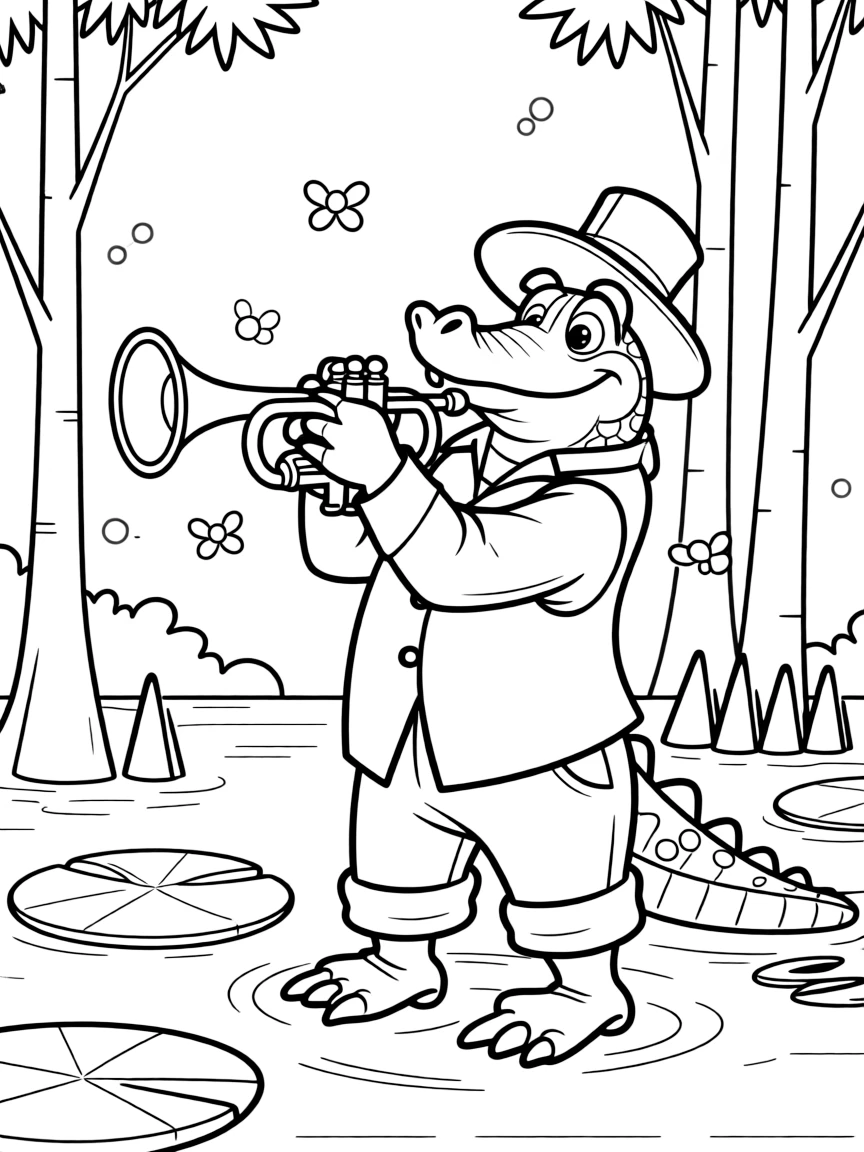 The Princess and the Frog's Louis the alligator playing jazz trumpet in the New Orleans bayou with fireflies