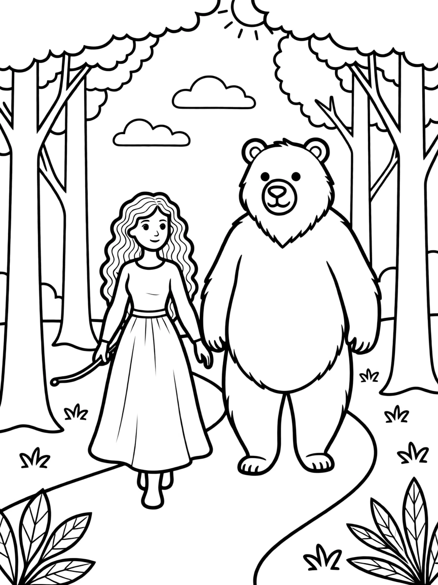 Brave's Merida and her mother Queen Elinor (as a bear) walking through the Scottish forest together