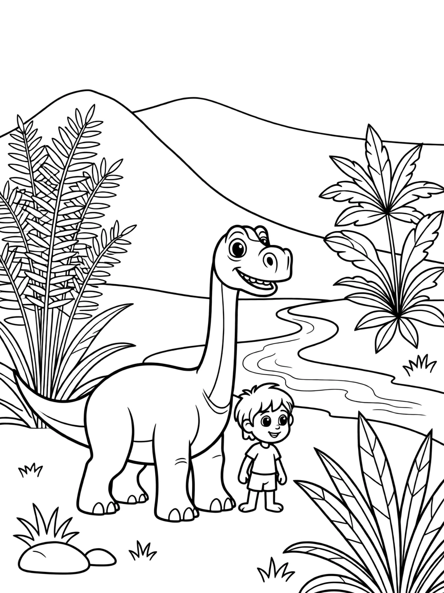 The Good Dinosaur's Arlo and Spot exploring the wilderness with mountains, rivers, and prehistoric plants