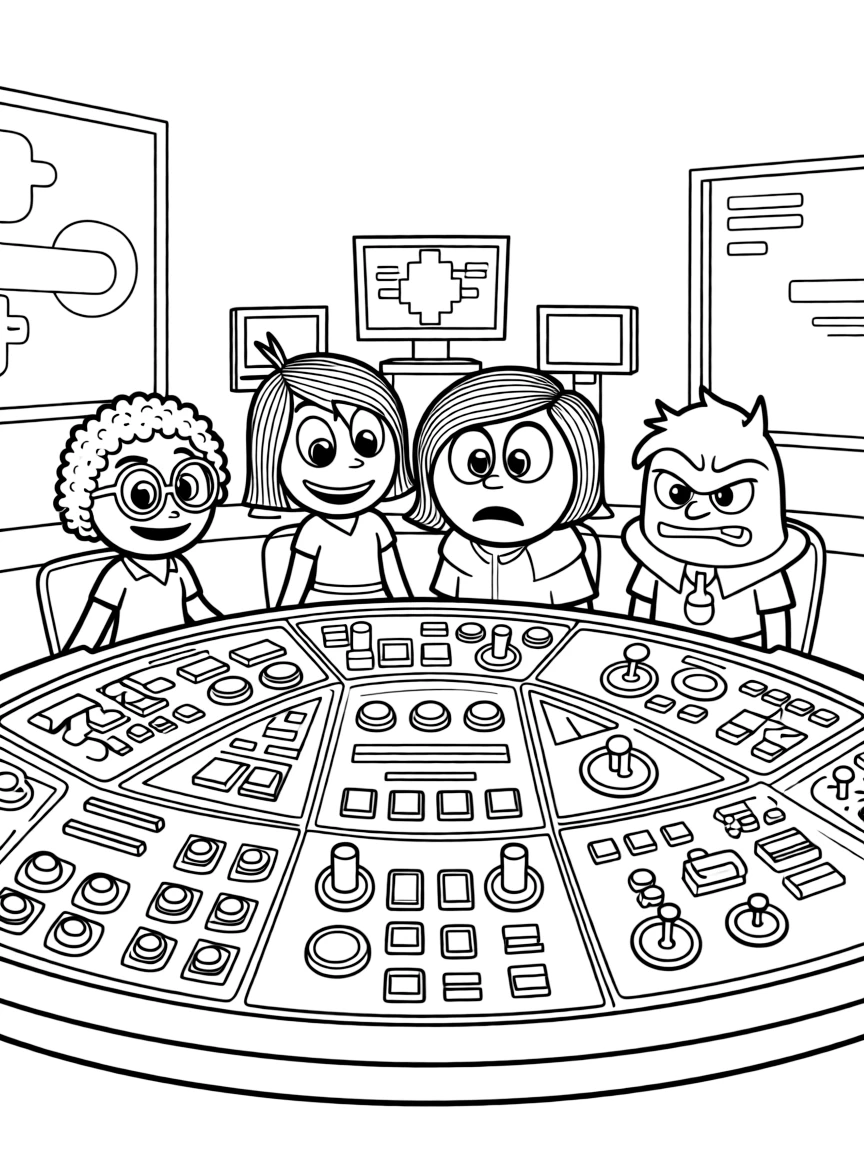 Inside Out's Joy, Sadness, and the other emotions working in Riley's mind headquarters with control panels