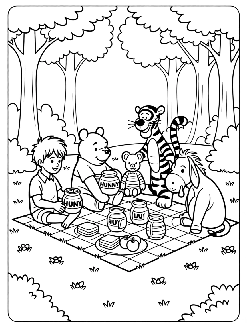 Christopher Robin having a picnic with Winnie the Pooh and friends in the Hundred Acre Wood with honey pots
