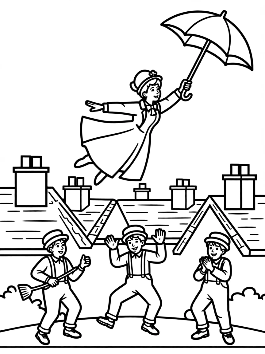 Mary Poppins flying with her umbrella over London rooftops with chimney sweeps dancing below