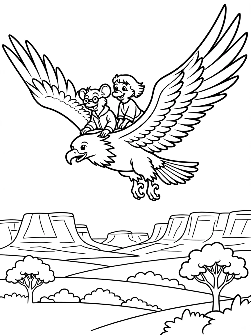 The Rescuers Down Under's Bernard and Bianca riding on Marahute the golden eagle over the Australian Outback