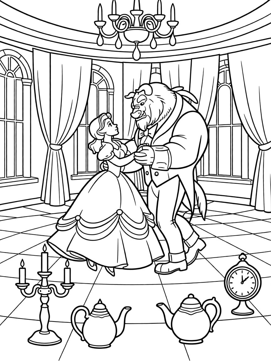 Beauty and the Beast's Belle and Beast dancing in the ballroom with enchanted objects watching romantically