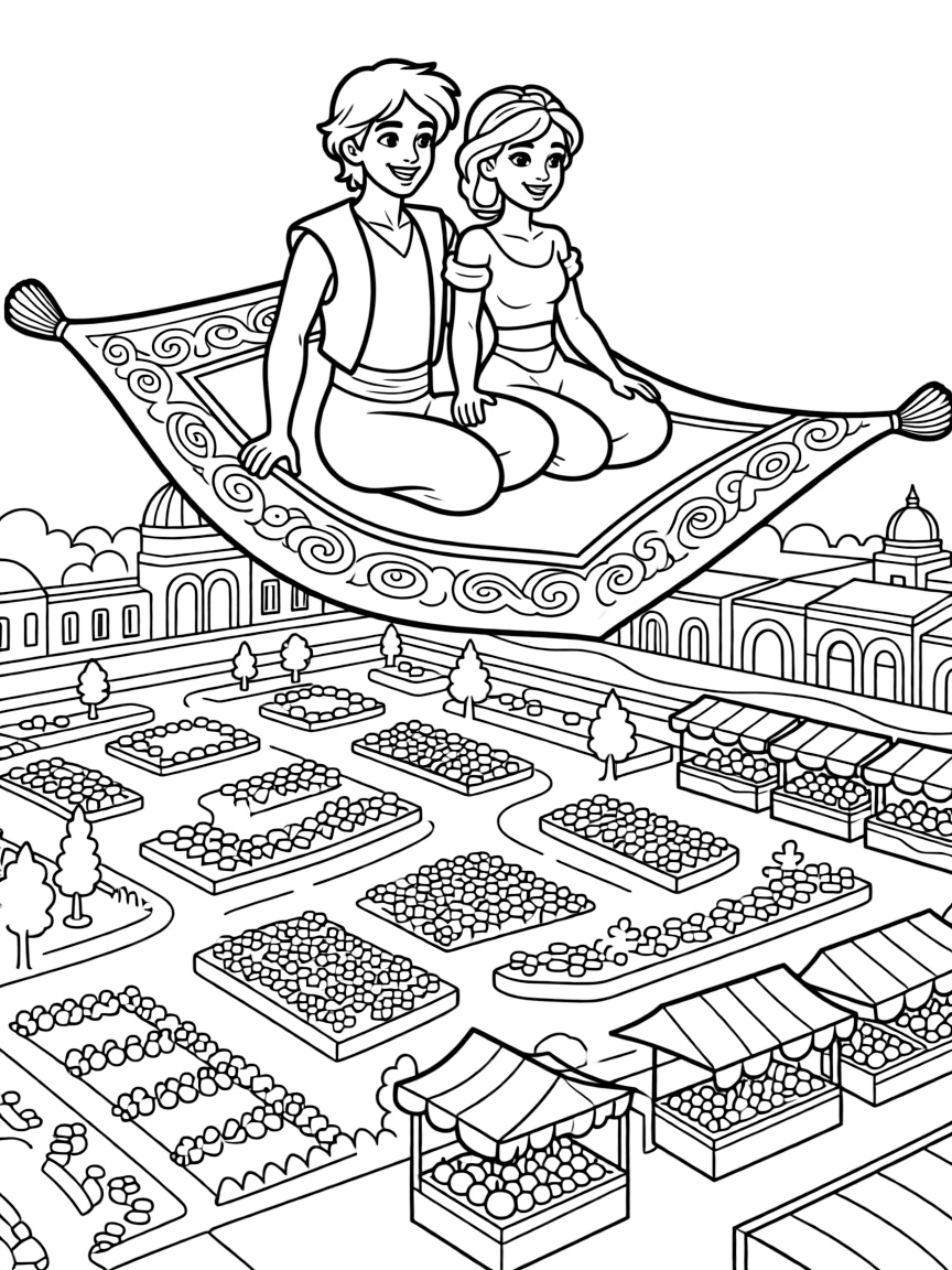 Aladdin and Jasmine on their magic carpet ride, soaring over the palace gardens and city markets below