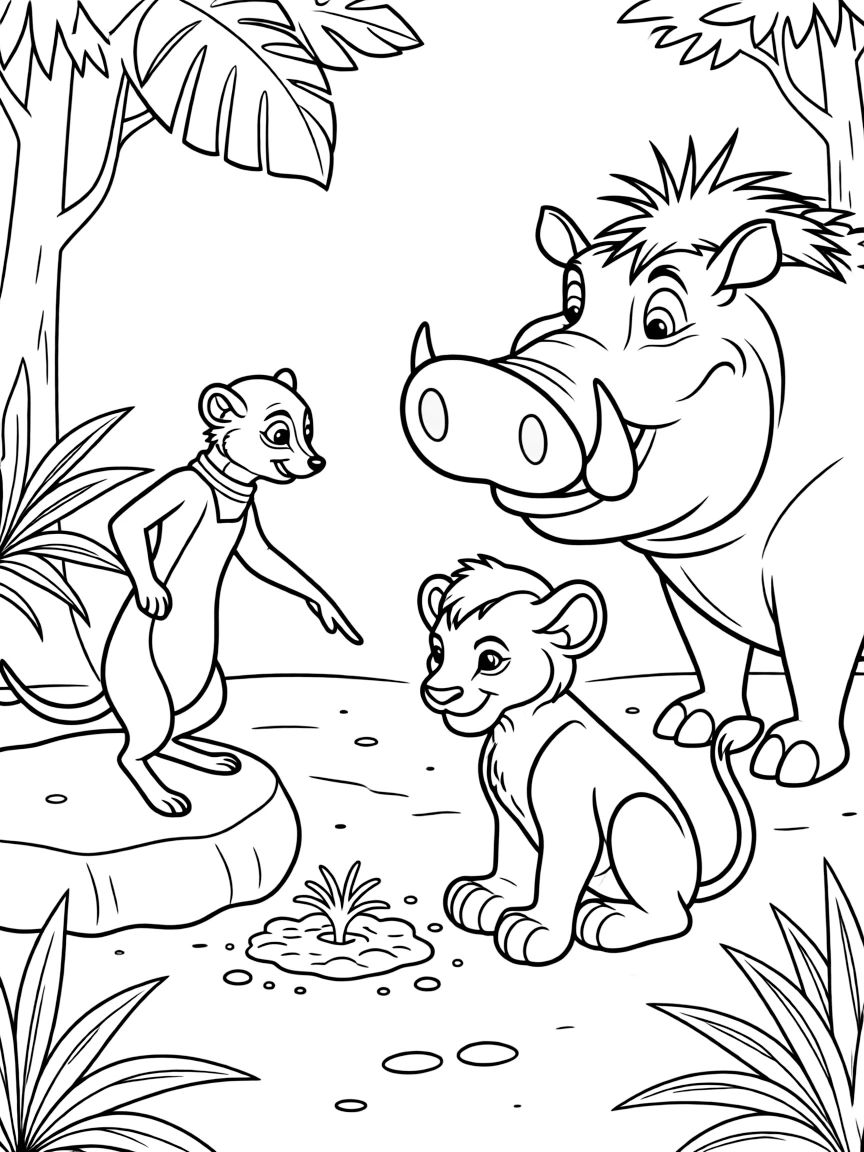 The Lion King's Timon and Pumbaa teaching Simba about grub-eating in their jungle paradise