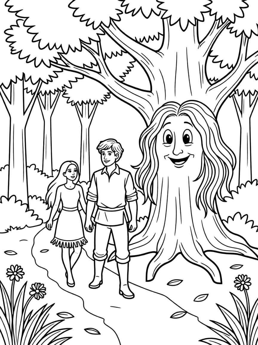 Pocahontas and John Smith exploring the Virginia wilderness with Grandmother Willow's wise presence