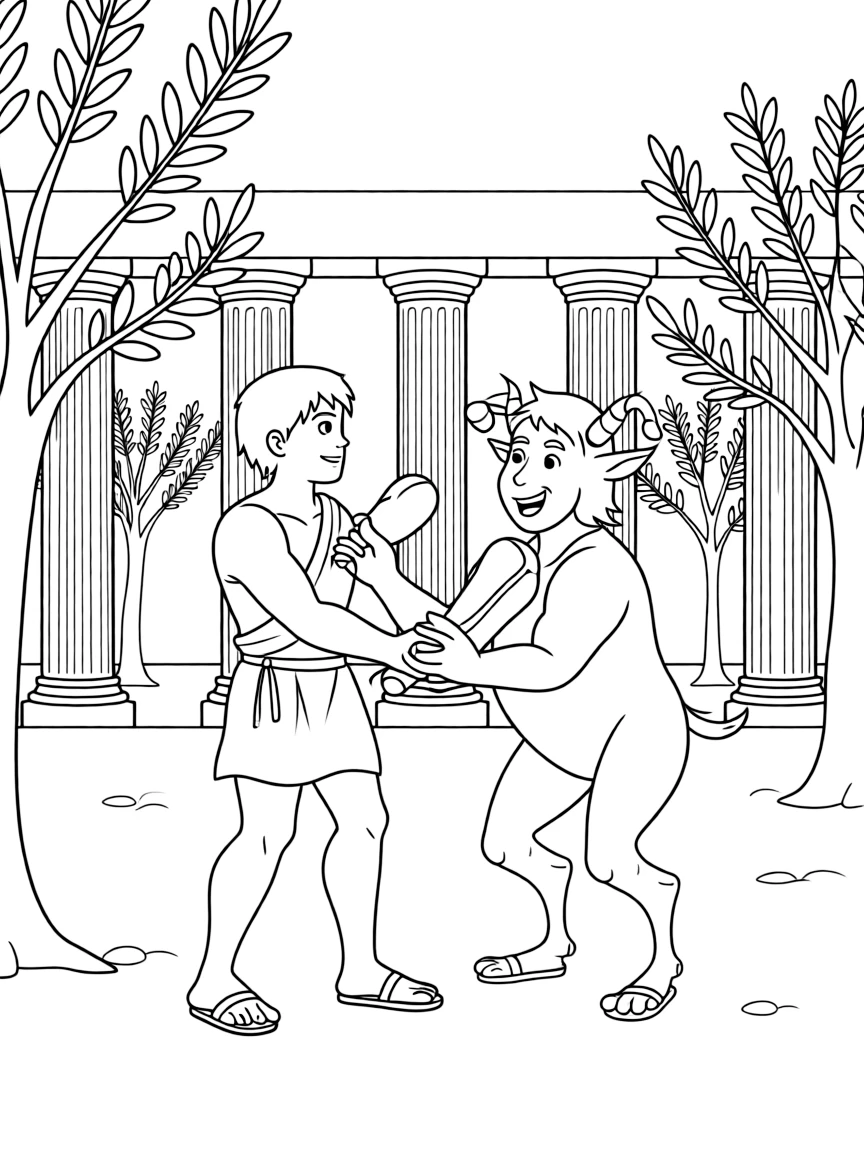Hercules training with Phil the satyr in ancient Greece with Greek columns and olive trees