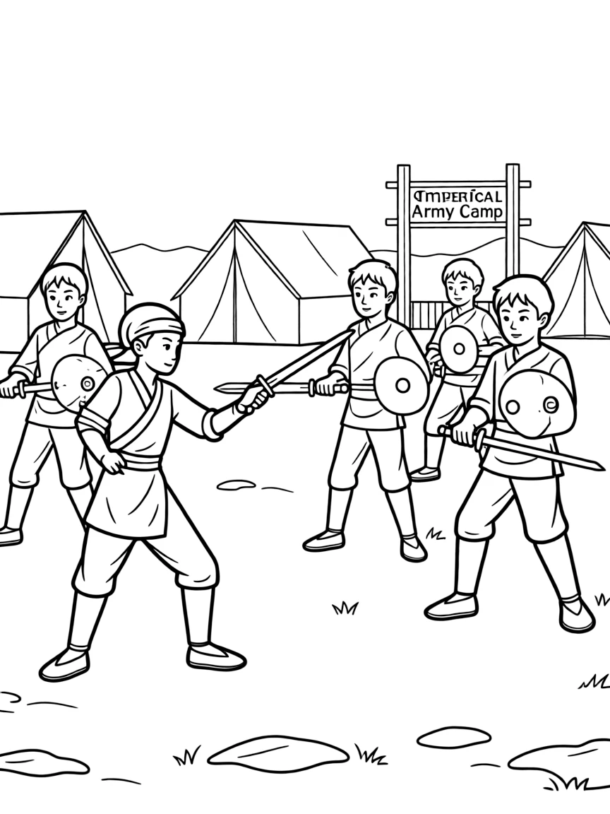 Mulan disguised as Ping training with the other soldiers in the imperial army camp