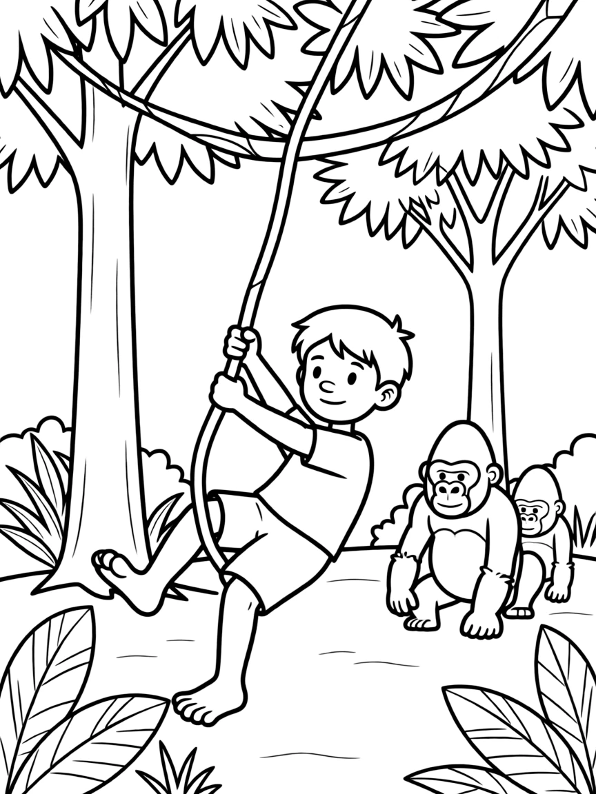 Tarzan swinging through the African jungle on vines with gorillas following behind him