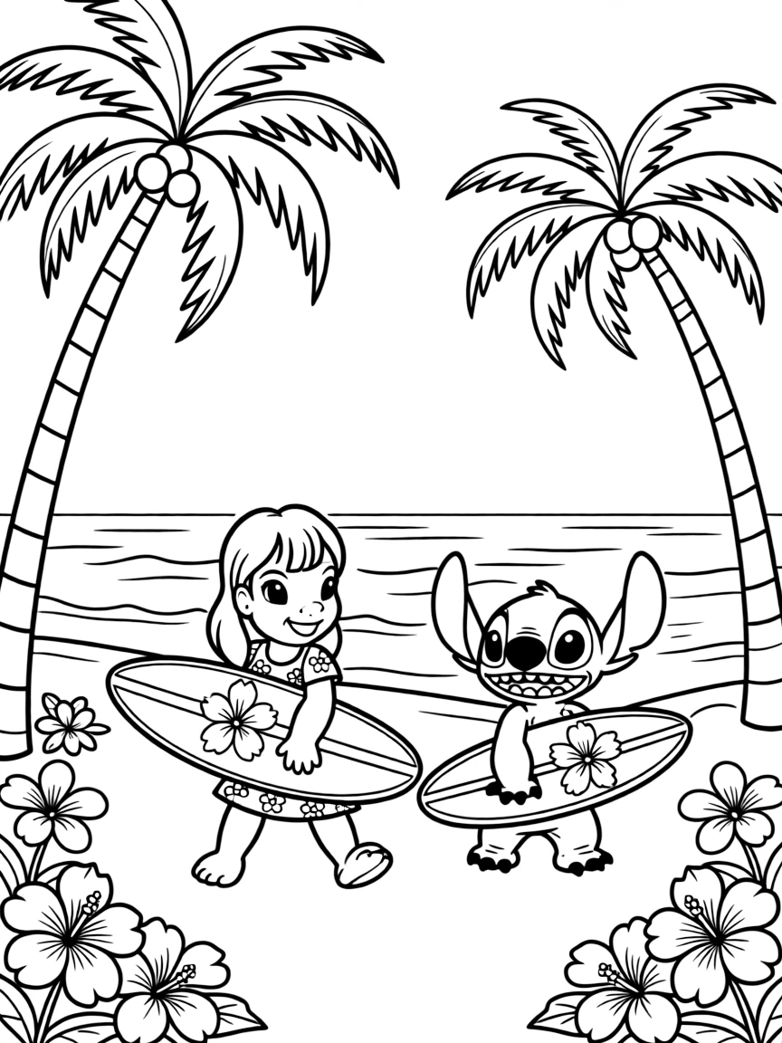 Lilo and Stitch playing on Hawaiian beaches with surfboards, palm trees, and tropical flowers