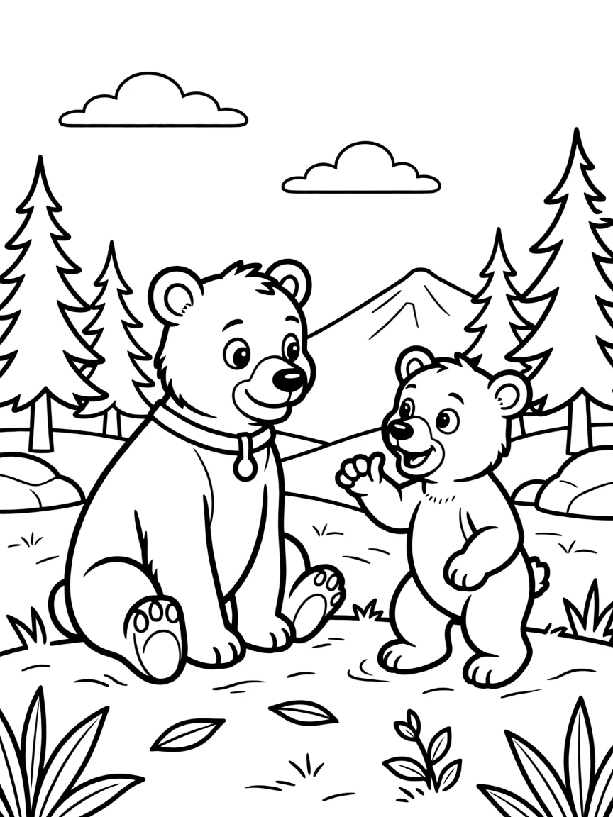 Brother Bear's Kenai transformed into a bear learning from Koda in the Alaskan wilderness