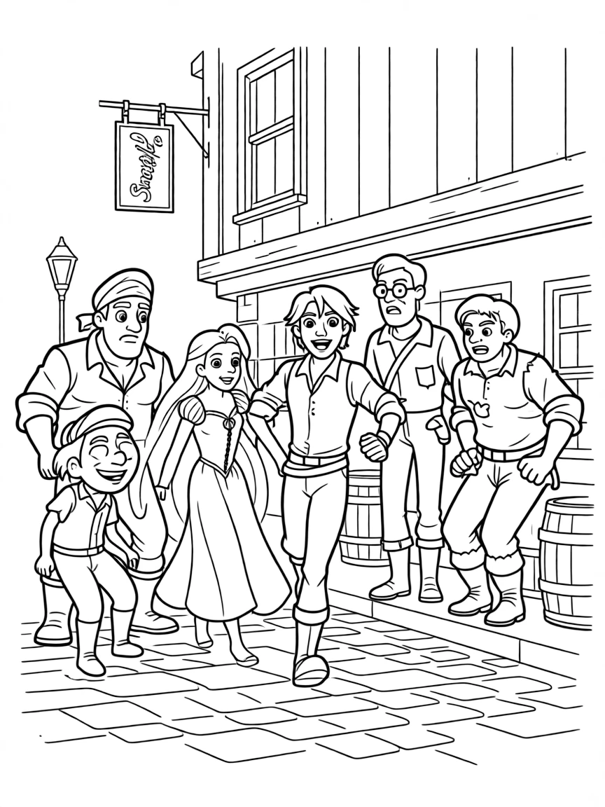 Tangled's Rapunzel and Flynn escaping from the pub thugs with the Snuggly Duckling gang