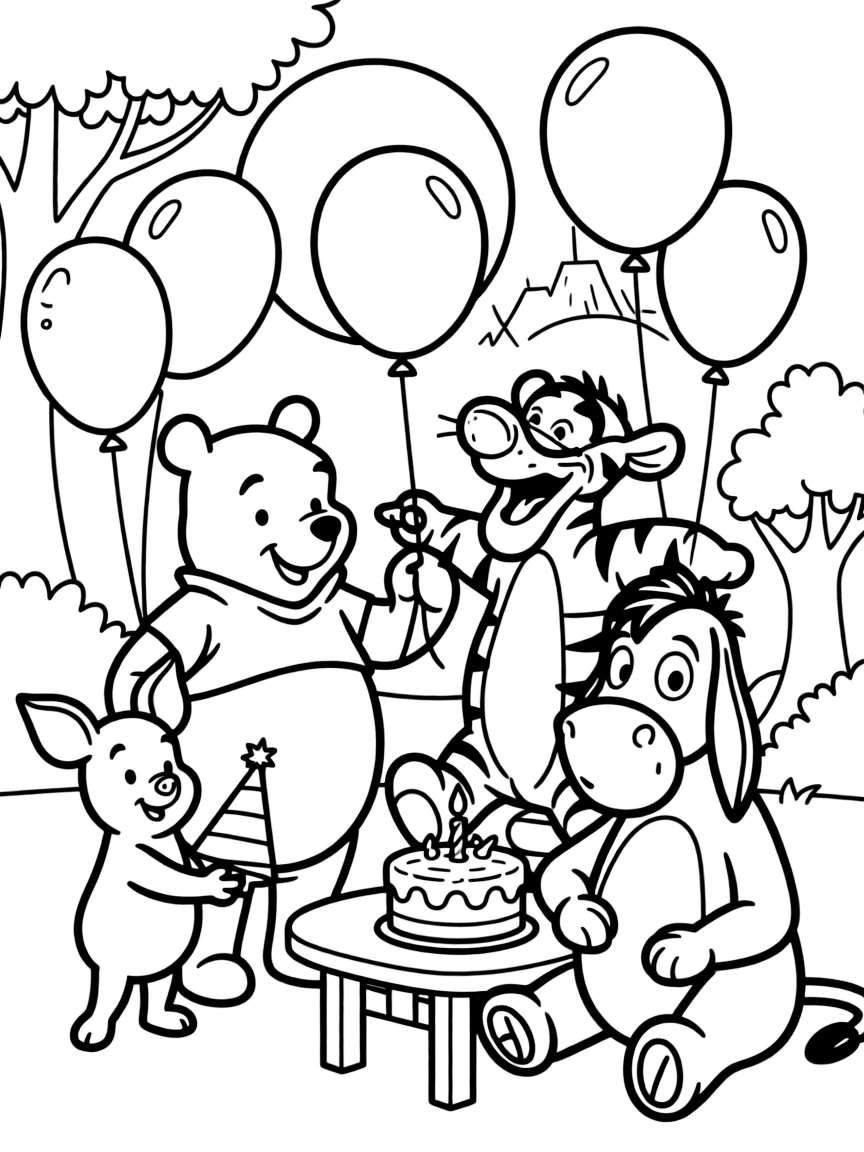 Winnie the Pooh and friends celebrating at a birthday party in the Hundred Acre Wood with balloons