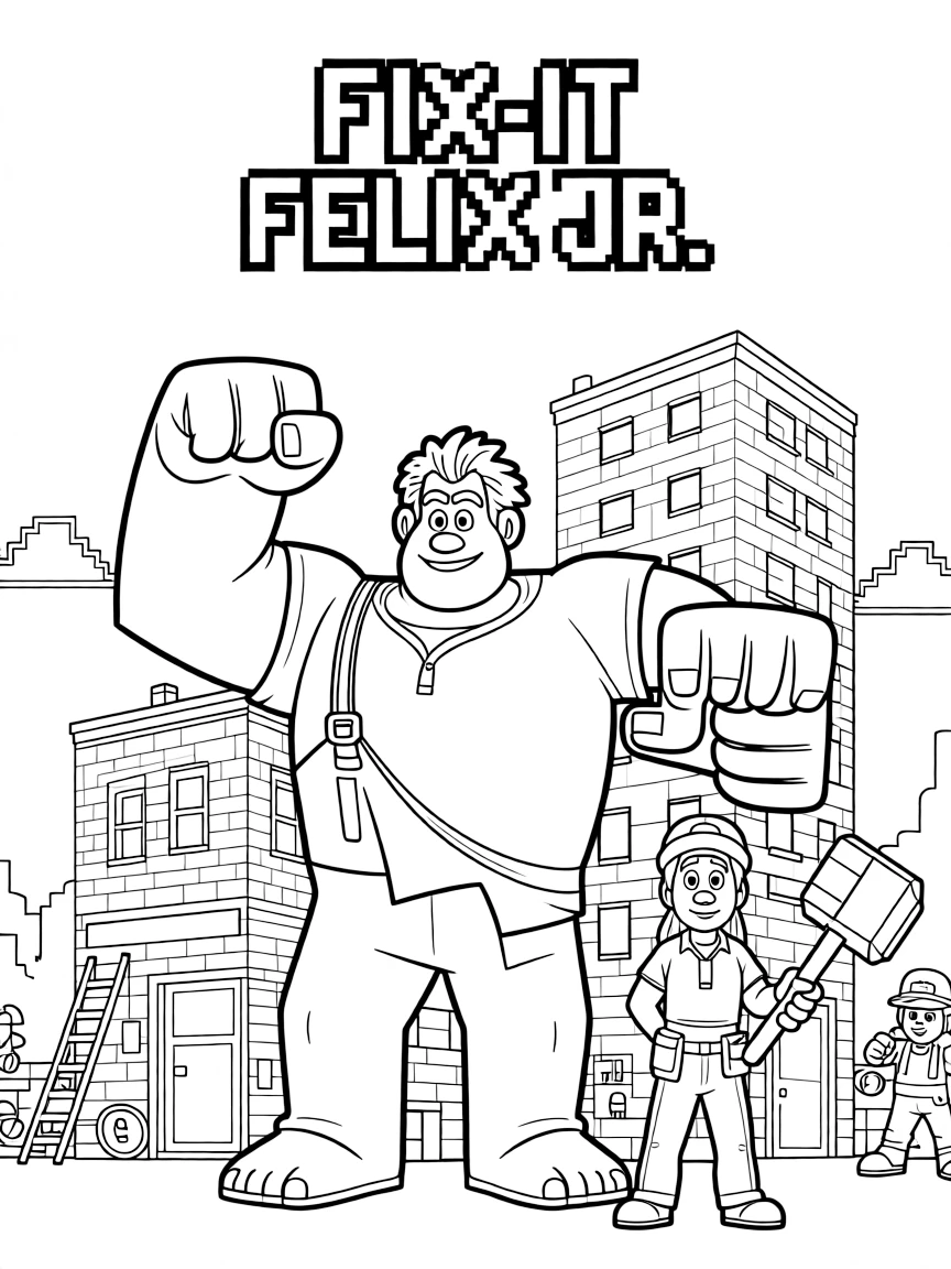 Wreck-It Ralph in his 8-bit arcade game world Fix-It Felix Jr. with pixelated buildings and characters