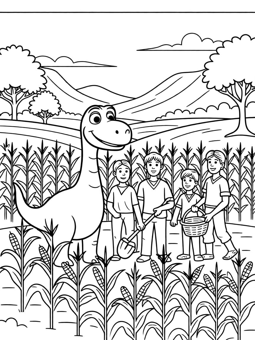The Good Dinosaur's Arlo helping his family work on their corn farm in the prehistoric valley