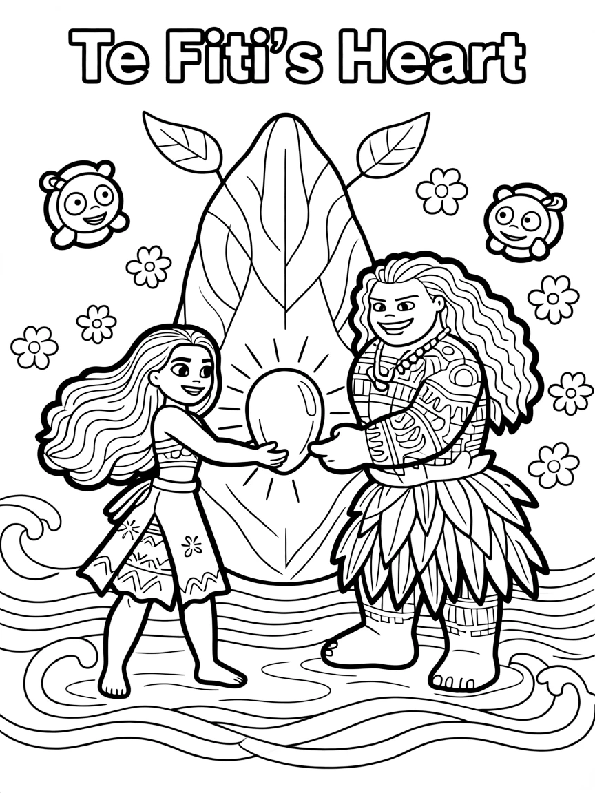 Moana and Maui working together to restore Te Fiti's heart with ocean magic and island spirits