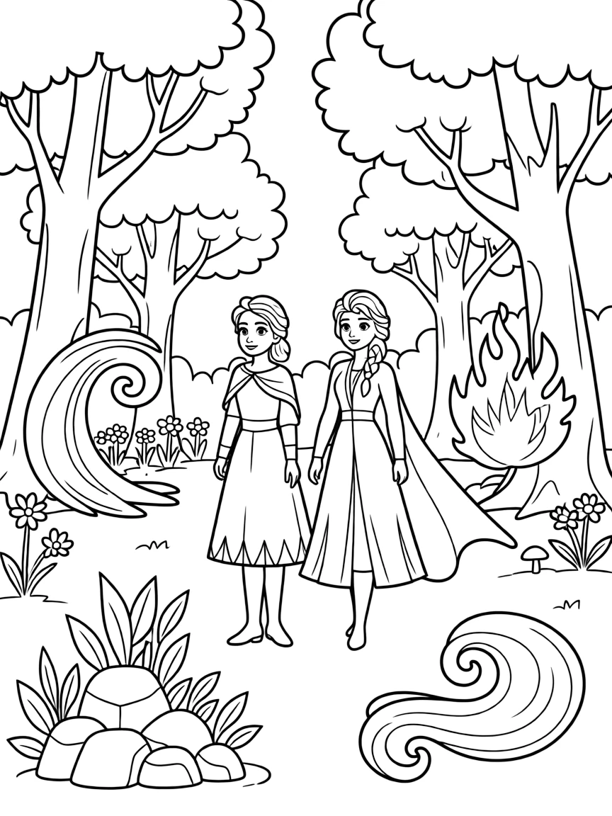 Frozen II's Anna and Elsa discovering the enchanted forest with the elemental spirits of nature