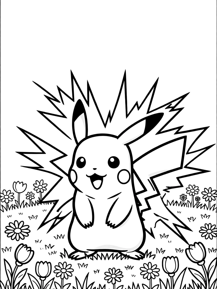 Pikachu using Thunderbolt attack with lightning bolts crackling around him in a grassy meadow with flowers