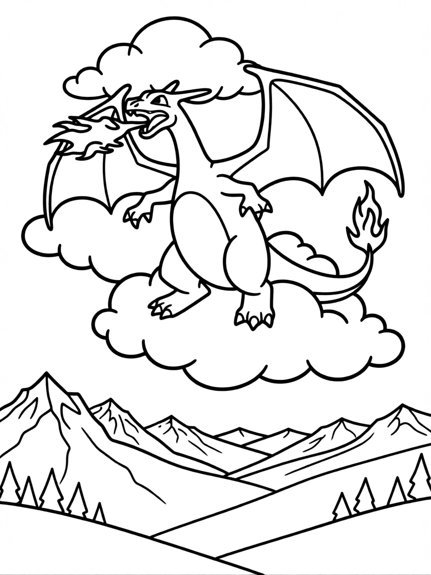Charizard flying through clouds breathing fire, with mountains and valleys spread out far below