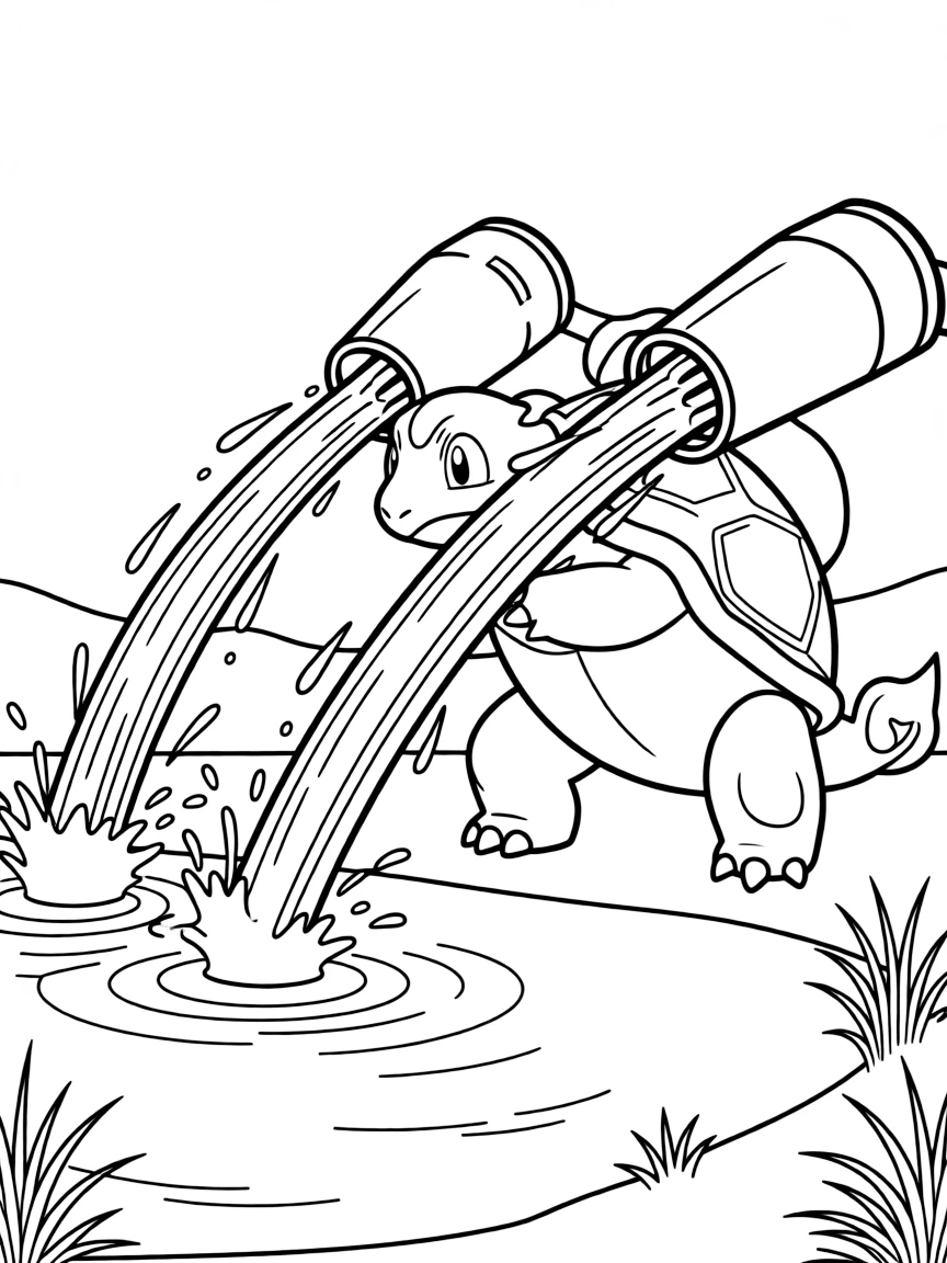 Blastoise using Hydro Pump attack near a lake, with water streams shooting from his shell cannons