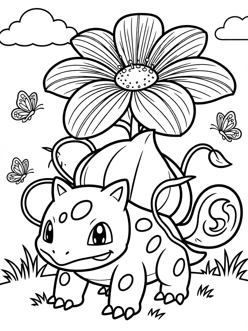 Venusaur in a sunny garden using Vine Whip, with its flower blooming and vines reaching toward butterflies