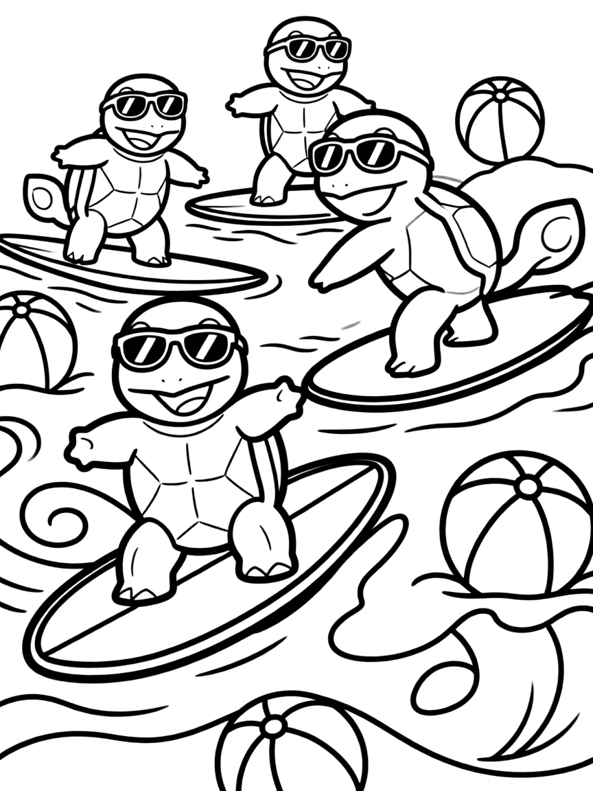 Squirtle and his squad wearing sunglasses, surfing on ocean waves with surfboards and beach balls