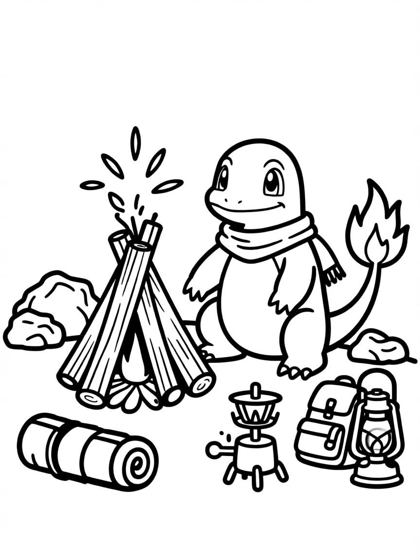 Charmander sitting by a campfire, with its tail flame flickering and camping gear scattered around
