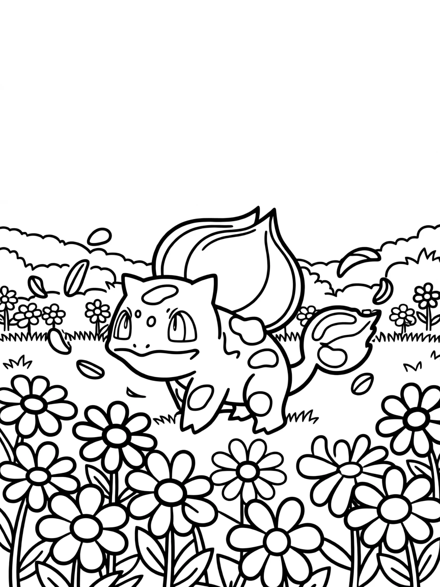 Bulbasaur playing in a field of flowers, using Leech Seed with small seeds floating through the air