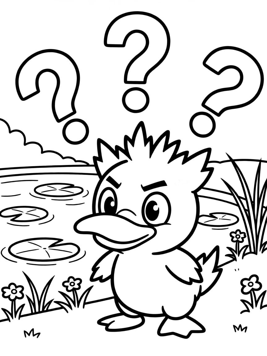 Psyduck standing by a pond looking confused, with question marks floating above his head and lily pads