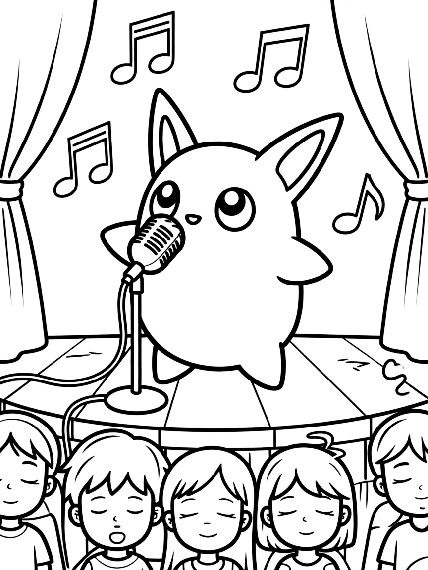 Jigglypuff singing on a stage with a microphone, putting everyone in the audience to sleep with musical notes