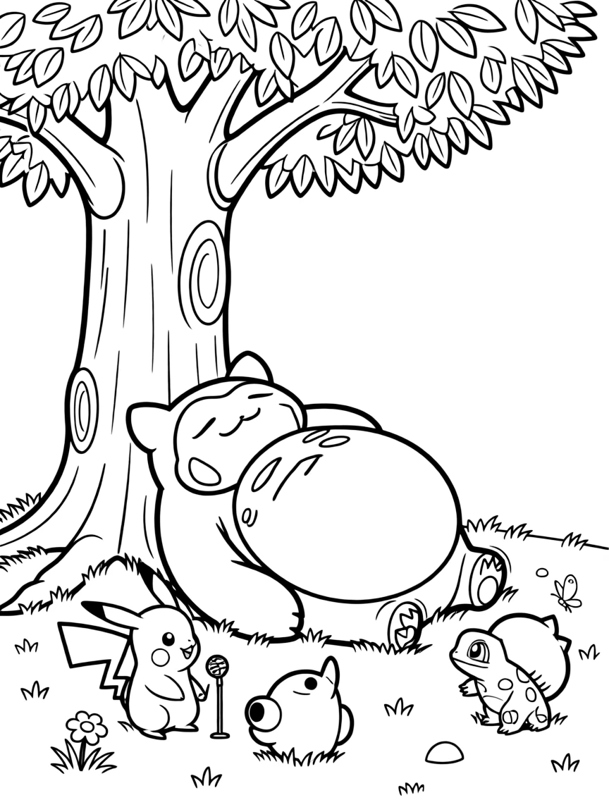 Snorlax taking a nap under a large tree, with Pokémon friends playing quietly around his sleeping form