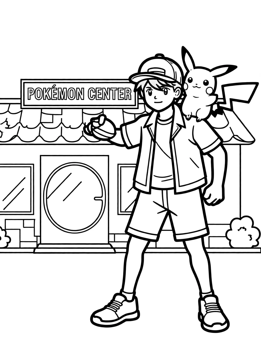 Ash Ketchum throwing a Pokéball with Pikachu on his shoulder, in front of a Pokémon Center building