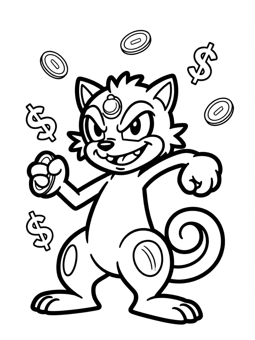 Team Rocket's Meowth standing upright and scheming with coins and dollar signs floating around him