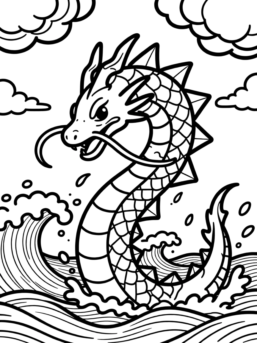 Gyarados emerging from a stormy ocean with waves crashing and dark clouds gathering overhead