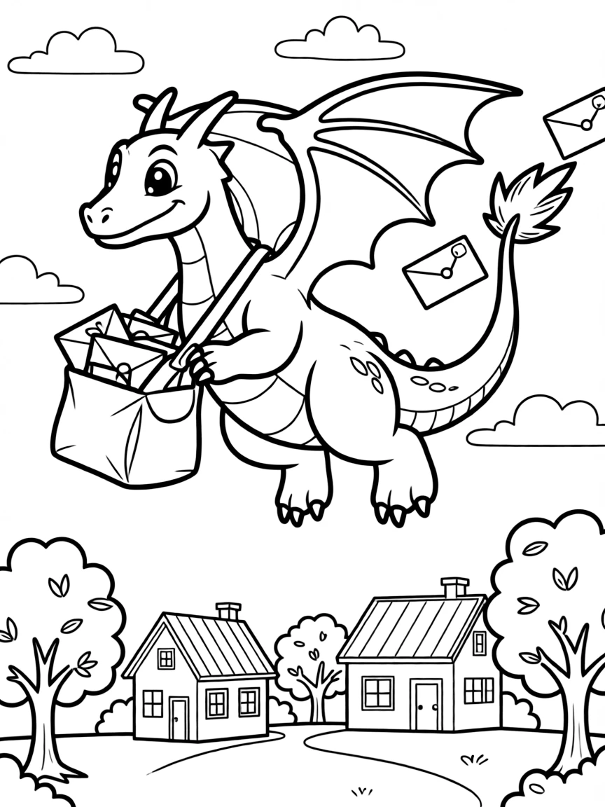 Dragonite delivering mail and packages, flying over a peaceful town with letters trailing behind