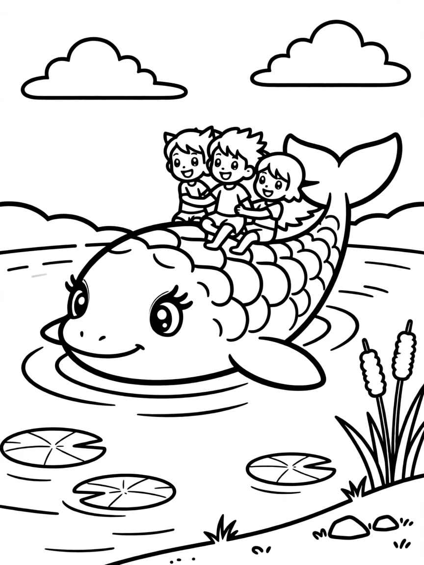 Lapras giving rides to young Pokémon across a calm lake, with lily pads and cattails along the shore