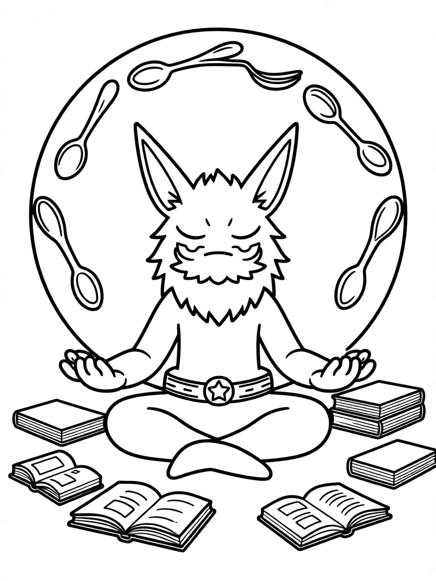 Alakazam meditating while levitating spoons and other objects with psychic powers, surrounded by books