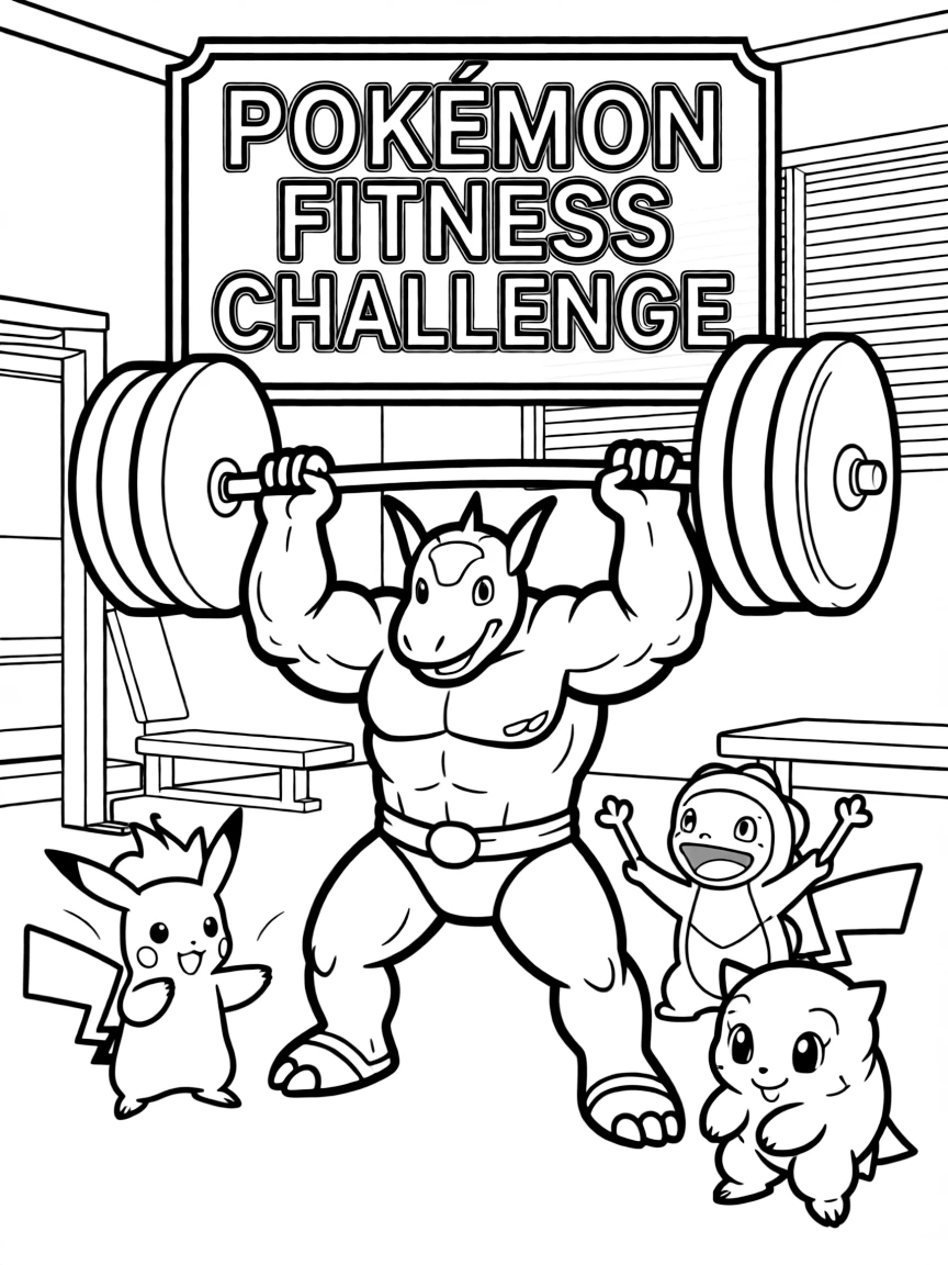 Machamp working out at a gym, lifting heavy weights with all four arms while other Pokémon watch