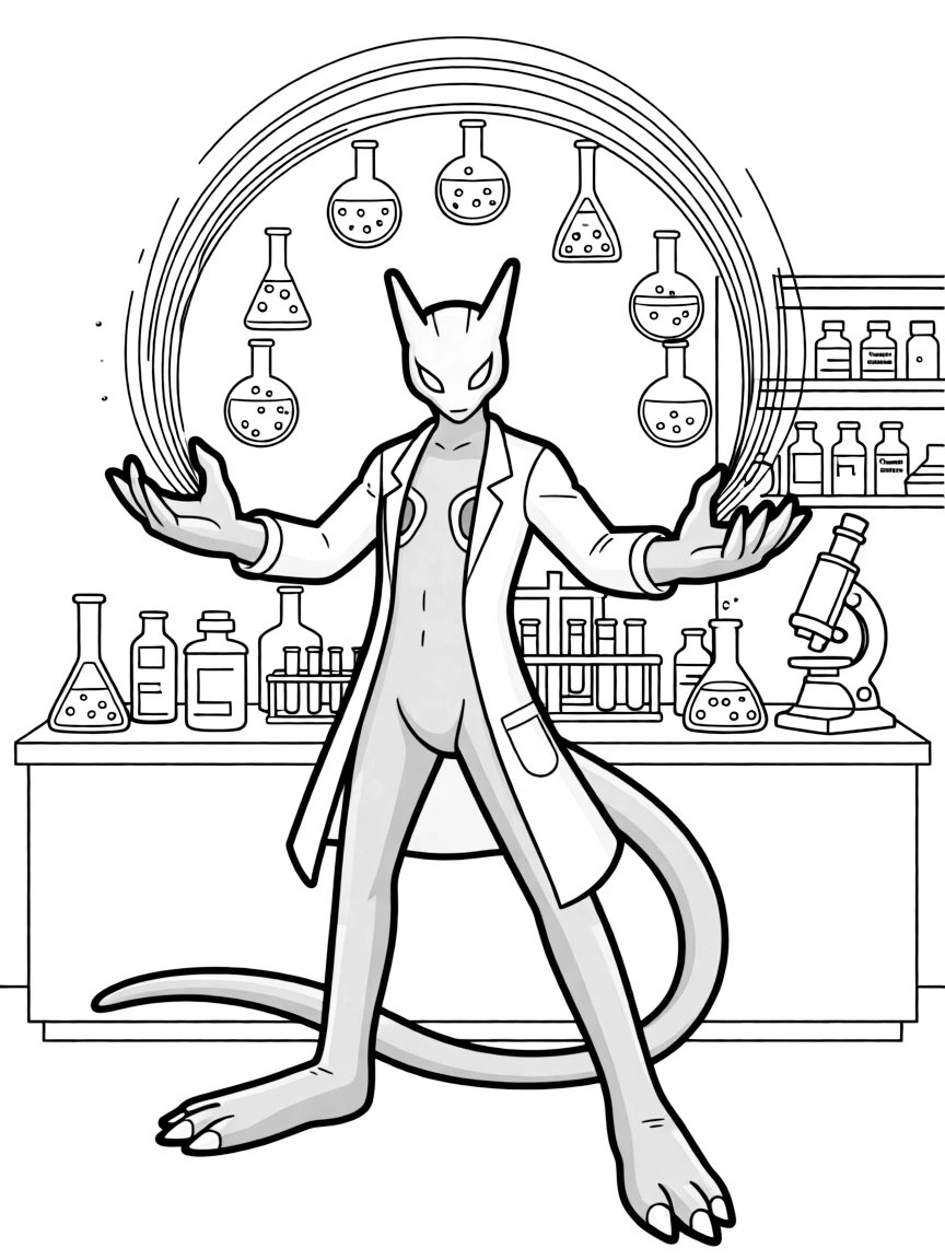 Mewtwo in a laboratory setting with scientific equipment and test tubes, using telekinetic powers