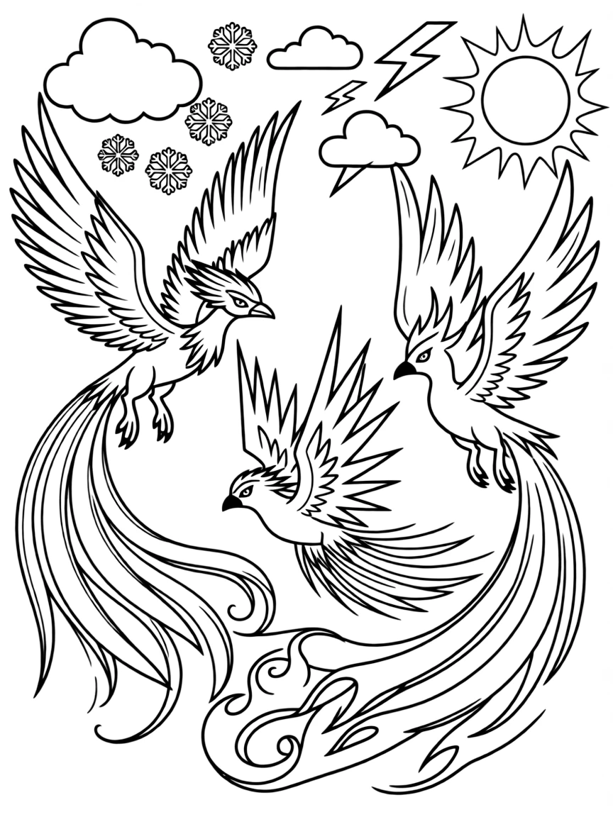Articuno, Zapdos, and Moltres, the three legendary birds, flying together through different weather patterns