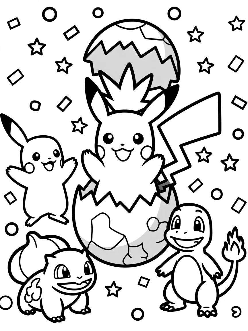 Togepi hatching from its egg with confetti and celebration, surrounded by happy Pokémon friends