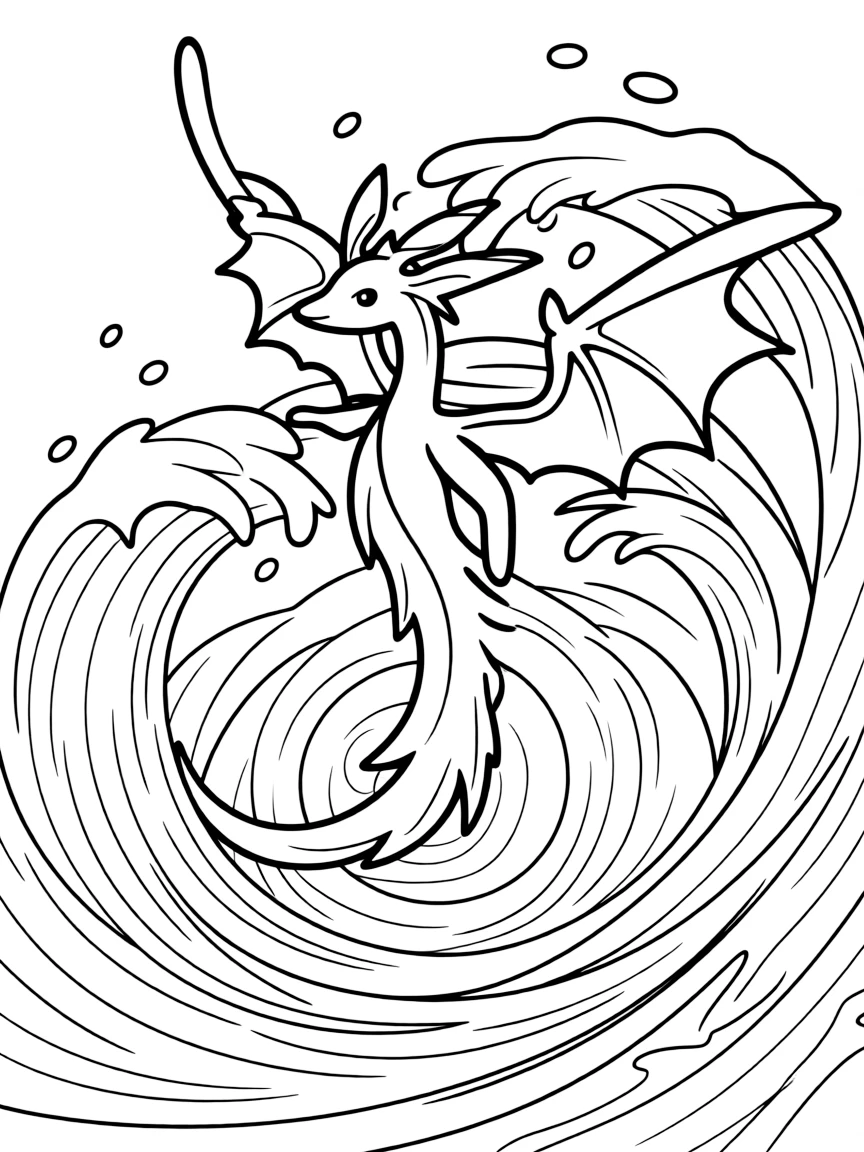 Lugia diving and surfacing from ocean depths, with whirlpools and sea spray creating dramatic effects