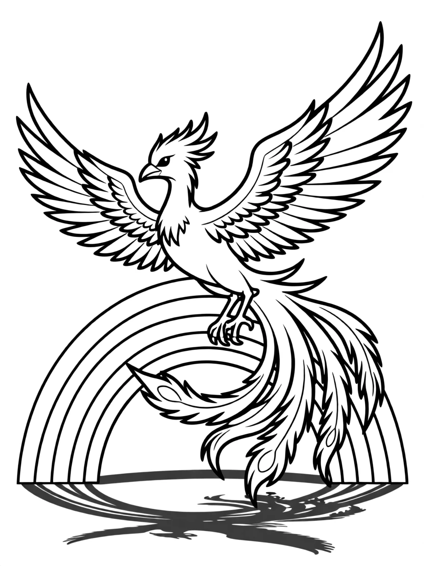 Ho-Oh flying over a rainbow with its beautiful tail feathers spread wide, casting colorful shadows below