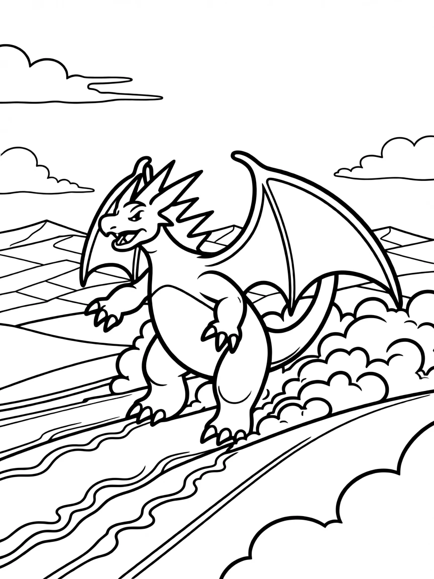 Garchomp racing through a desert landscape, creating sand clouds and leaving tracks in the dunes