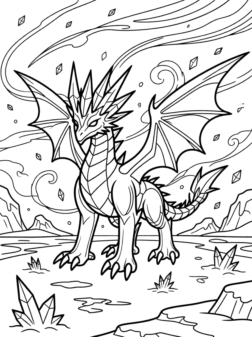 Kyurem in a frozen wasteland with ice crystals and blizzards, showing its incomplete and lonely nature