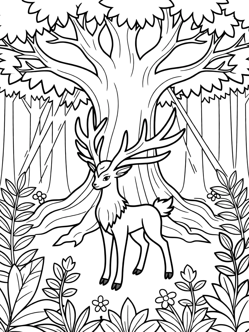 Xerneas in an eternal forest with the Tree of Life, granting life energy to plants and Pokémon