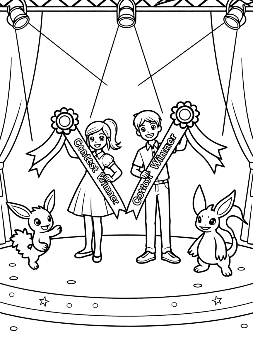 A Pokémon Contest with coordinators and their Pokémon performing on stage with ribbons and spotlights