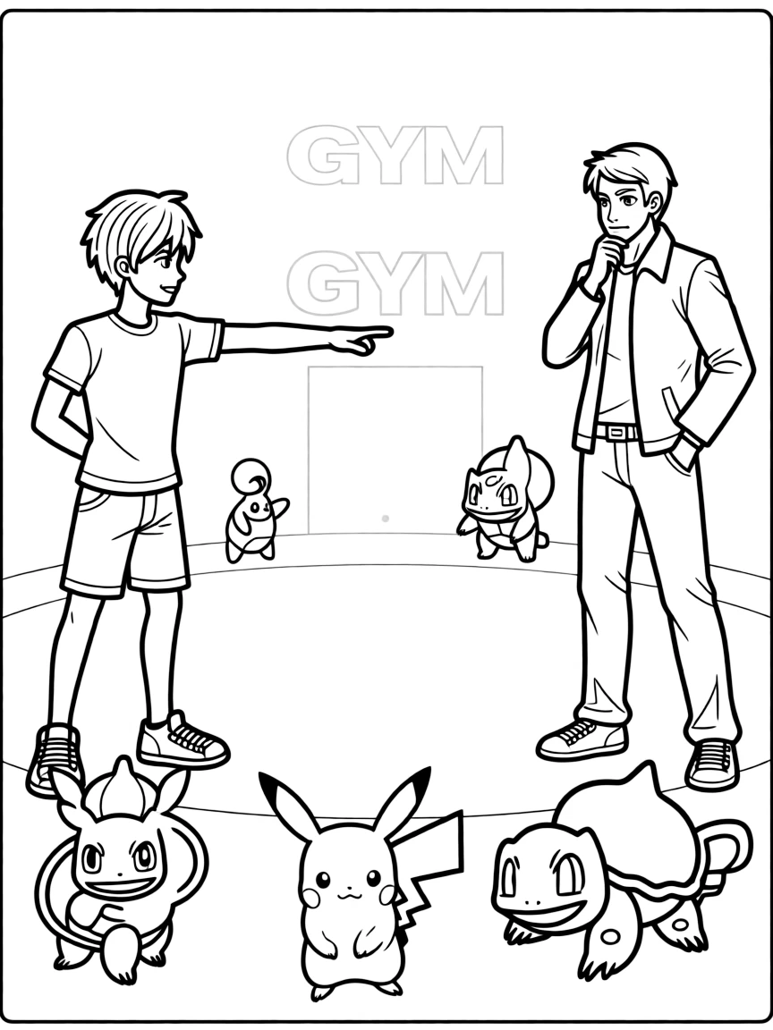 A Pokémon Gym battle with a trainer commanding their team while the Gym Leader prepares their strategy