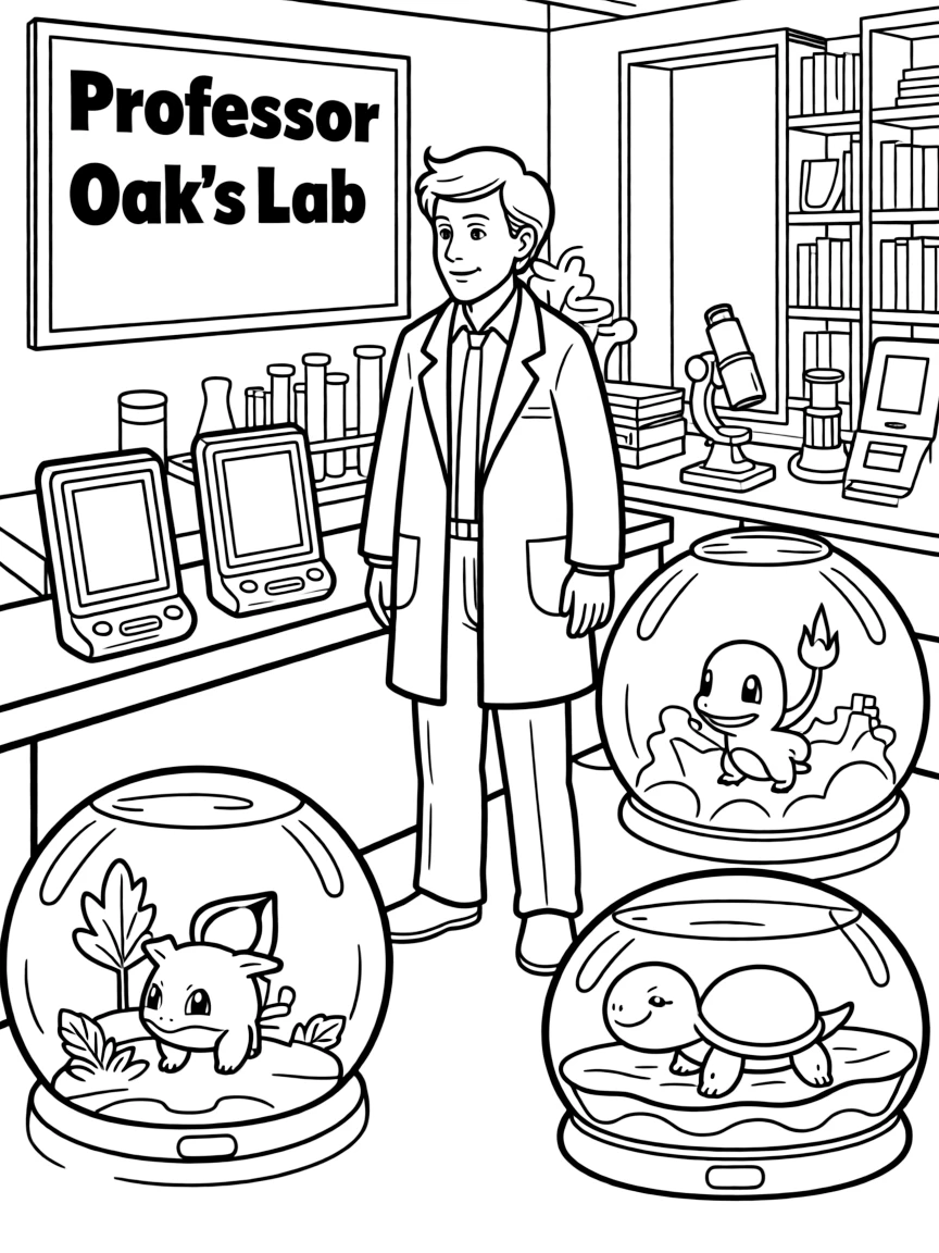 Professor Oak in his laboratory with Pokédexes, research equipment, and starter Pokémon in their habitats